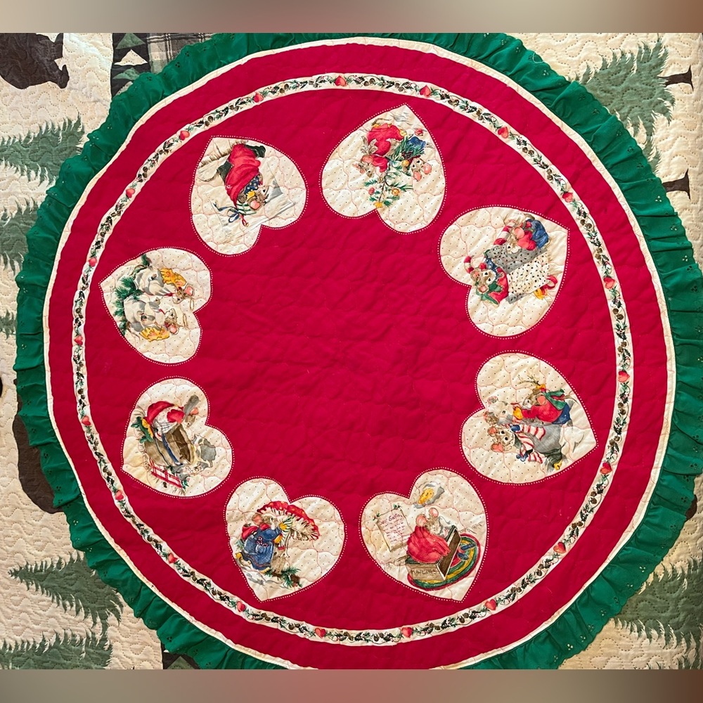 Festive  Hand quilted and Decorated Red and Green Mouse Holiday Tree Skirt